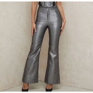 House of CB London Metallic Gray Lined Flat Front Wide Leg Trouser Pants Size XL